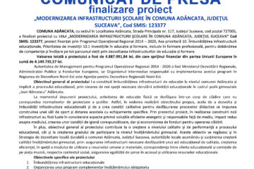 Comunicat de presă finalizare proiect  „MODERNIZAREA INFRASTRUCTURII ŞCOLARE ÎN COMUNA ADÂNCATA, JUDEŢUL SUCEAVA”, Cod SMIS: 123377