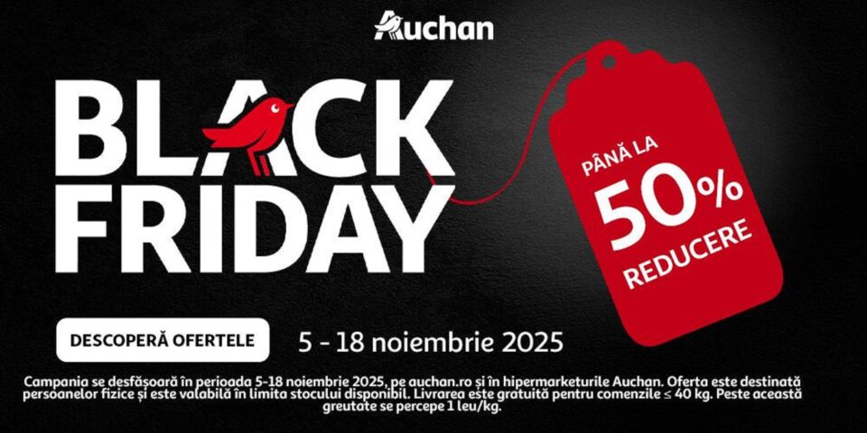 Auchan dă startul Black Friday 2025: peste 1.500 de produse cu reduceri de până la 50% în magazine și pe auchan.ro Auchan dă startul Black Friday 2025: peste 1.500 de produse cu reduceri de până la 50% în magazine și pe auchan.ro