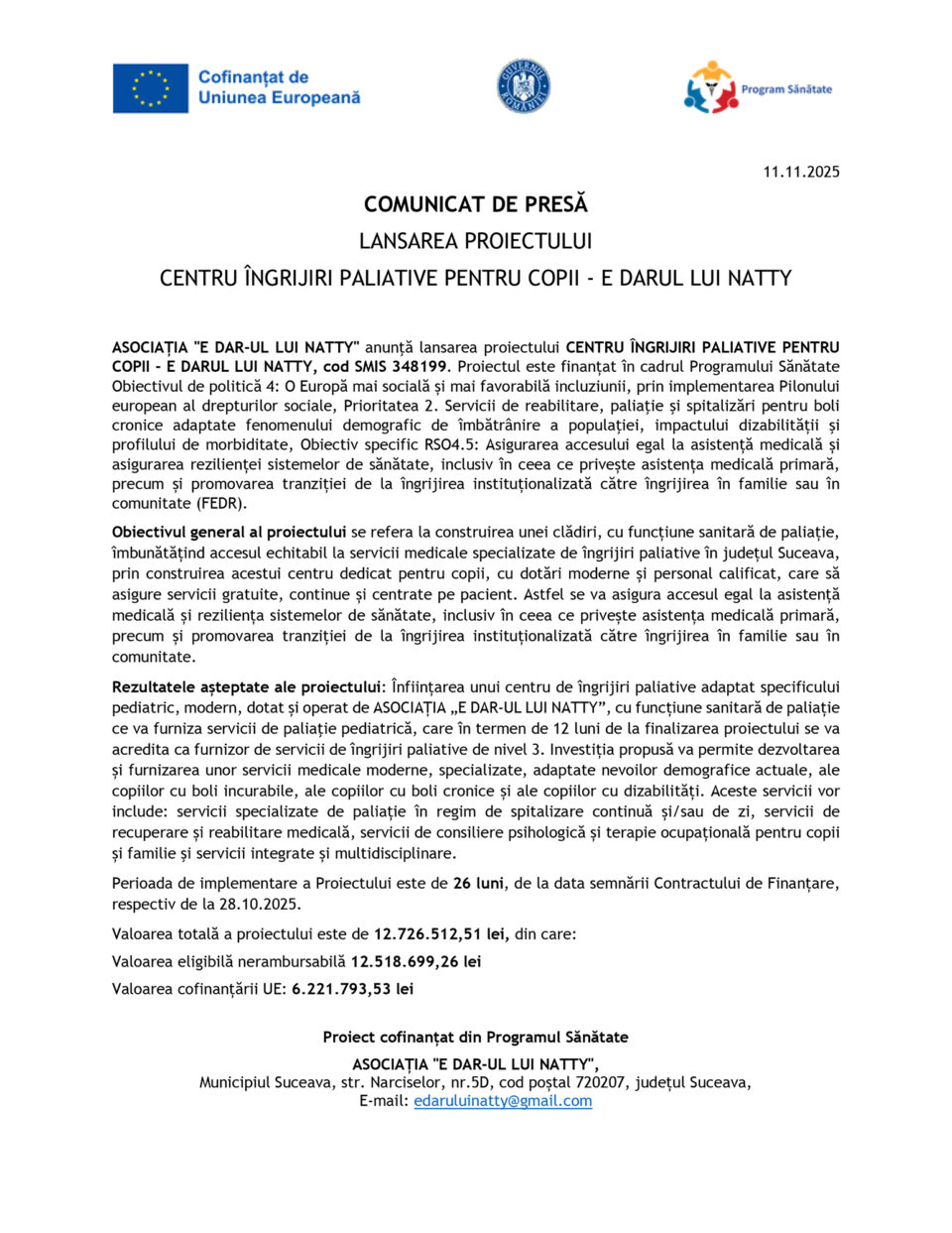 LANSAREA PROIECTULUI  CENTRU ÎNGRIJIRI PALIATIVE PENTRU COPII – E DARUL LUI NATTY