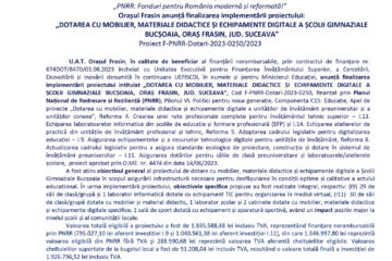 Orașul Frasin anunță finalizarea implementării proiectului: „DOTAREA CU MOBILIER, MATERIALE DIDACTICE ȘI ECHIPAMENTE DIGITALE A ȘCOLII GIMNAZIALE BUCȘOAIA, ORAȘ FRASIN, JUD. SUCEAVA”