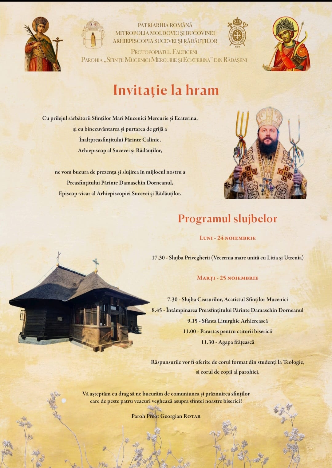 Biserica „Sfinţii Mucenici Mercurie şi Ecaterina” din Rădăşeni, un monument istoric de 400 de ani, îşi serbează ocrotitorii