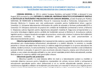 DOTAREA CU MOBILIER, MATERIALE DIDACTICE ȘI ECHIPAMENTE DIGITALE A UNITĂȚILOR DE ÎNVĂȚĂMÂNT PREUNIVERSITAR DIN COMUNA BRODINA