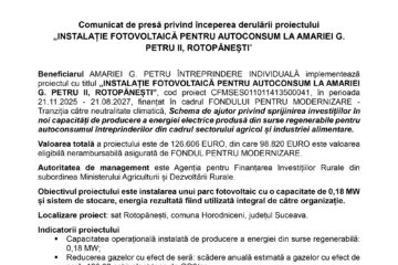 Comunicat de presă privind începerea derulării proiectului   „INSTALAȚIE FOTOVOLTAICĂ PENTRU AUTOCONSUM LA AMARIEI G. PETRU II, ROTOPĂNEȘTI”