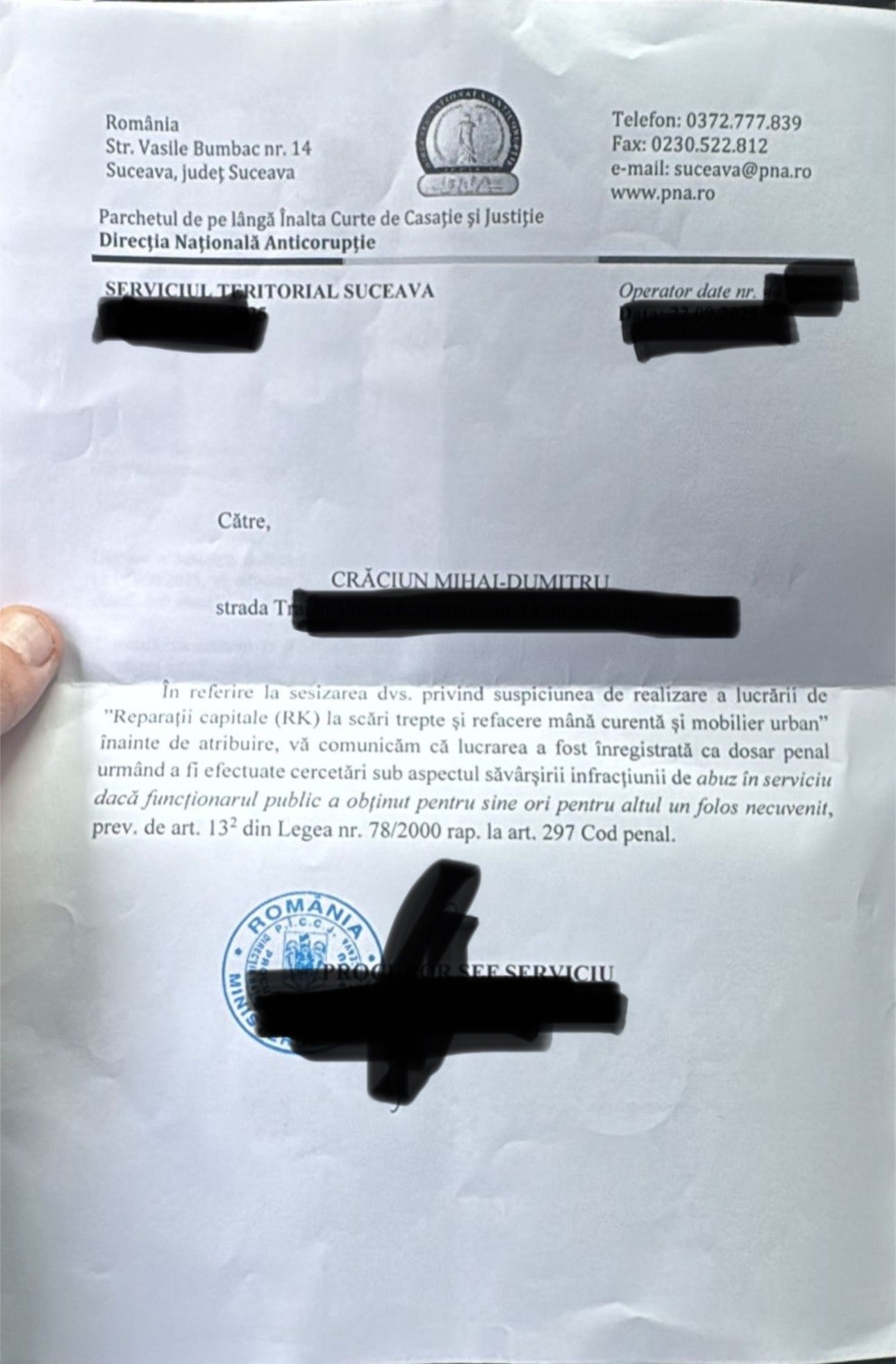 Dosar penal deschis de DNA Suceava în urma unei sesizări făcute de un consilier local cu privire la lucrările din Parcul Șipote