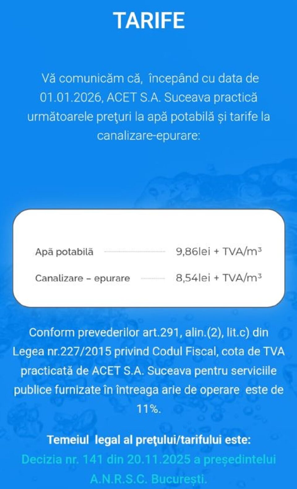 Peste 20 de lei mc pentru apă și canalizare, de la 1 ianuarie 2026, în toate localitățile unde furnizor este ACET Suceava