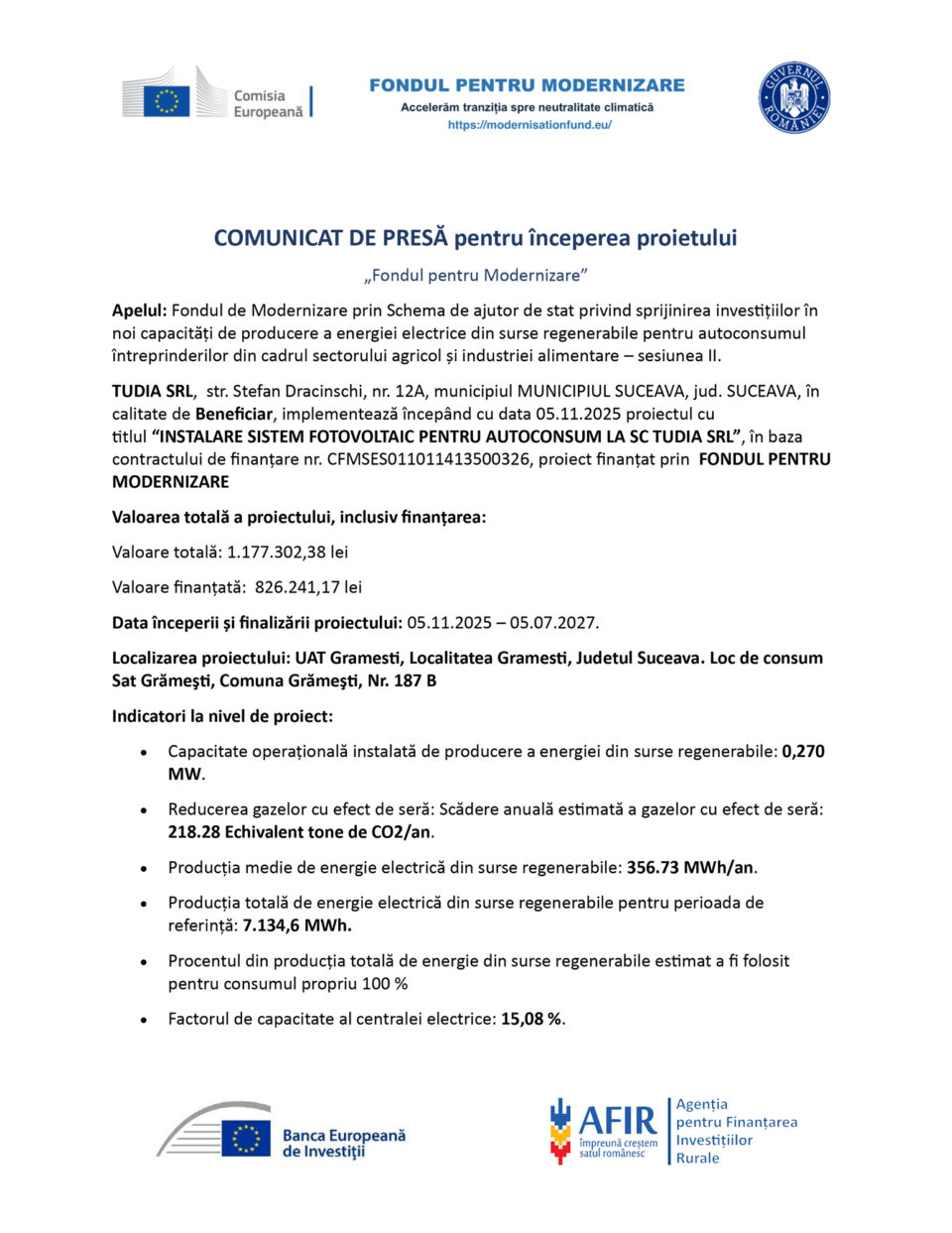 Inceperea proiectului INSTALARE SISTEM FOTOVOLTAIC PENTRU AUTOCONSUM LA SC TUDIA SRL Inceperea proiectului INSTALARE SISTEM FOTOVOLTAIC PENTRU AUTOCONSUM LA SC TUDIA SRL