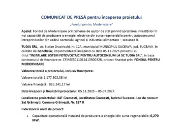 Inceperea proiectului INSTALARE SISTEM FOTOVOLTAIC PENTRU AUTOCONSUM LA SC TUDIA SRL