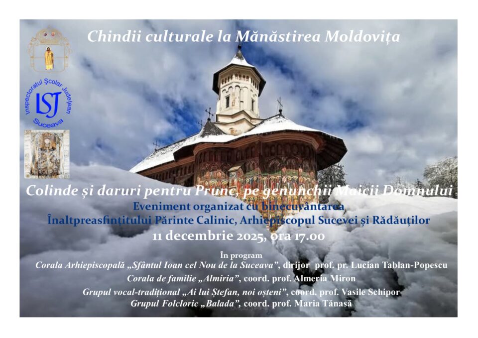 Chindiile culturale de la Mănăstirea Moldovița continuă cu un concert de colinde