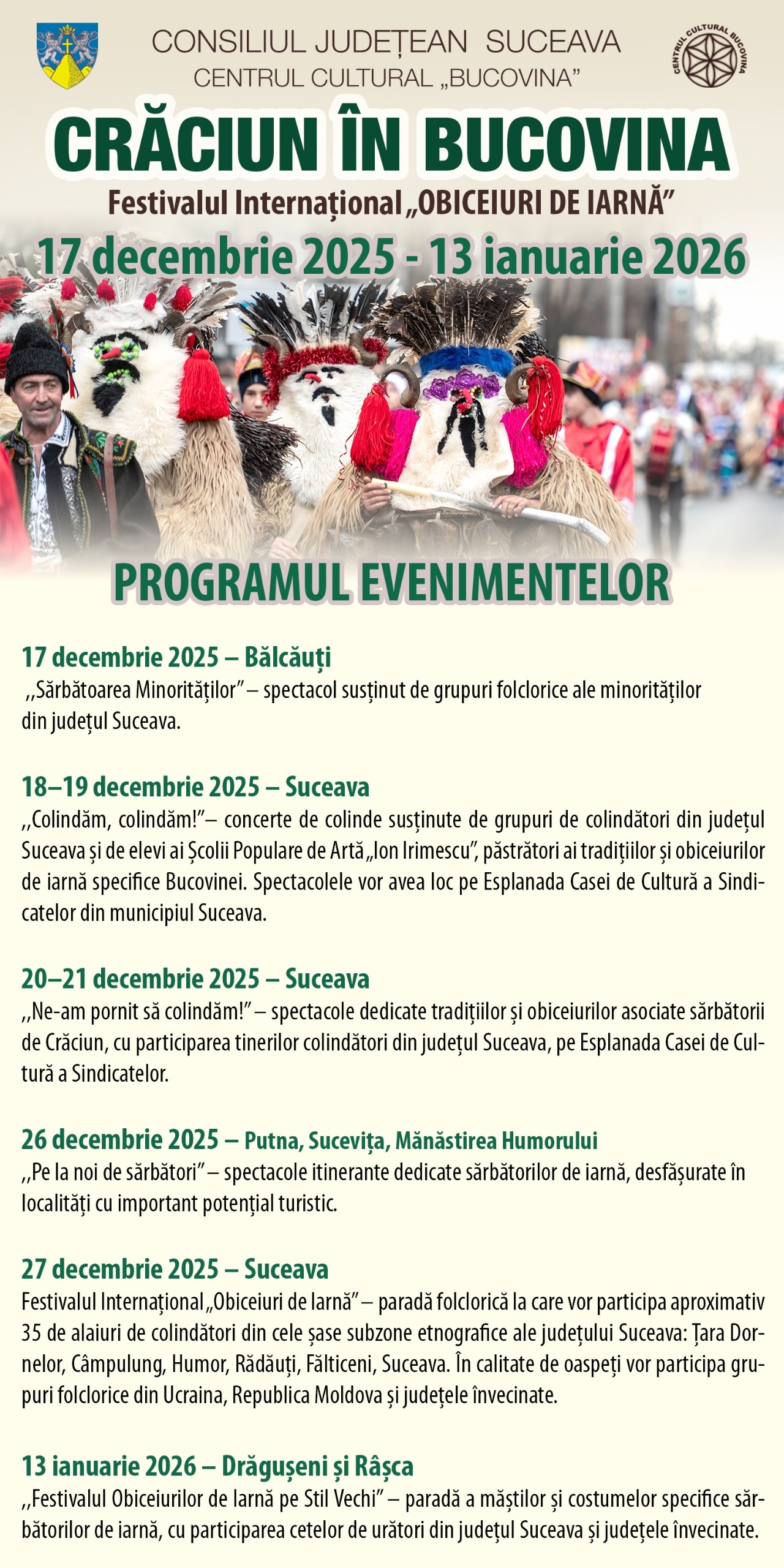 Evenimentele din programul „Crăciun în Bucovina”, anunțate de Consiliul Județean Suceava