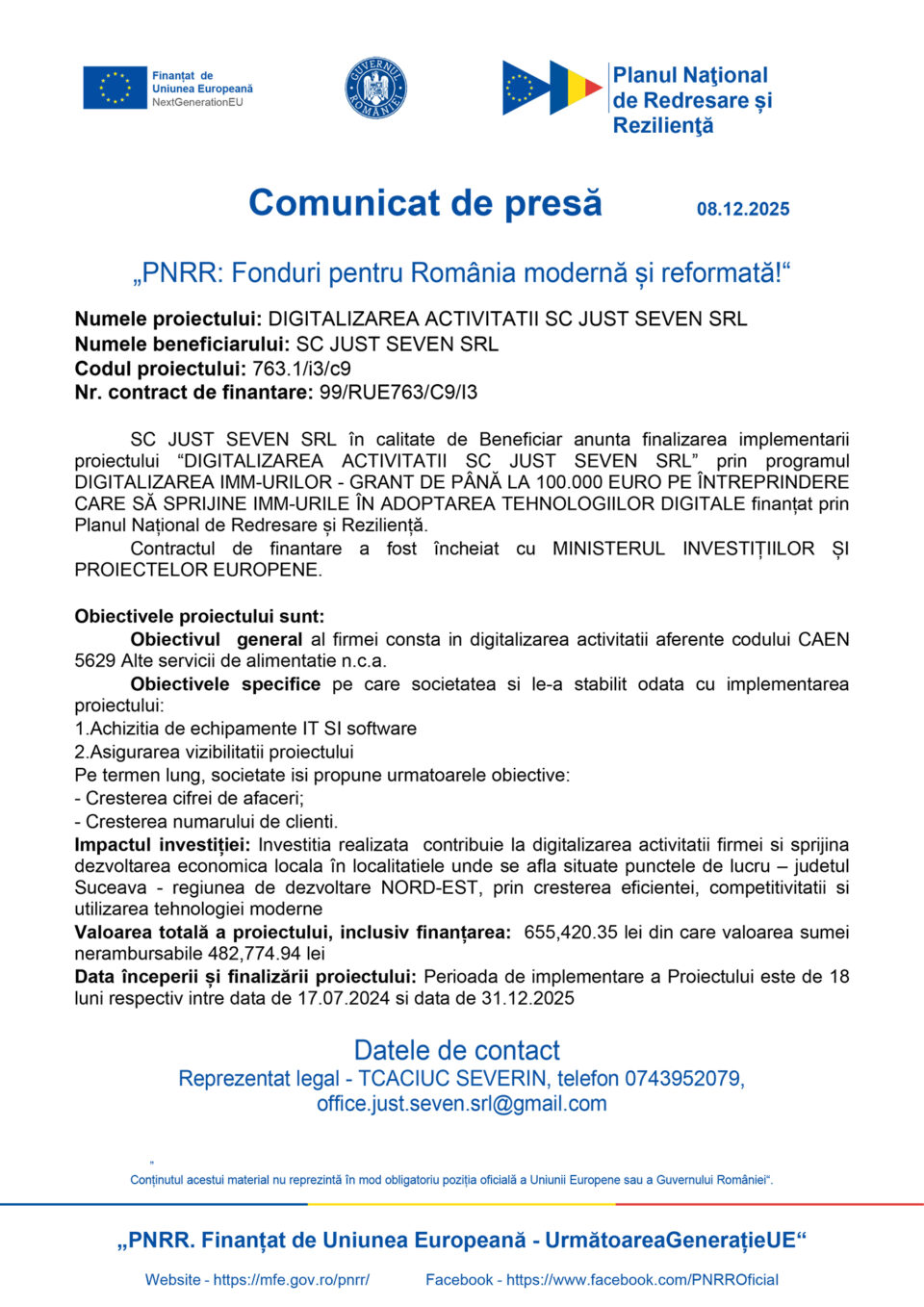 DIGITALIZAREA ACTIVITATII SC JUST SEVEN SRL