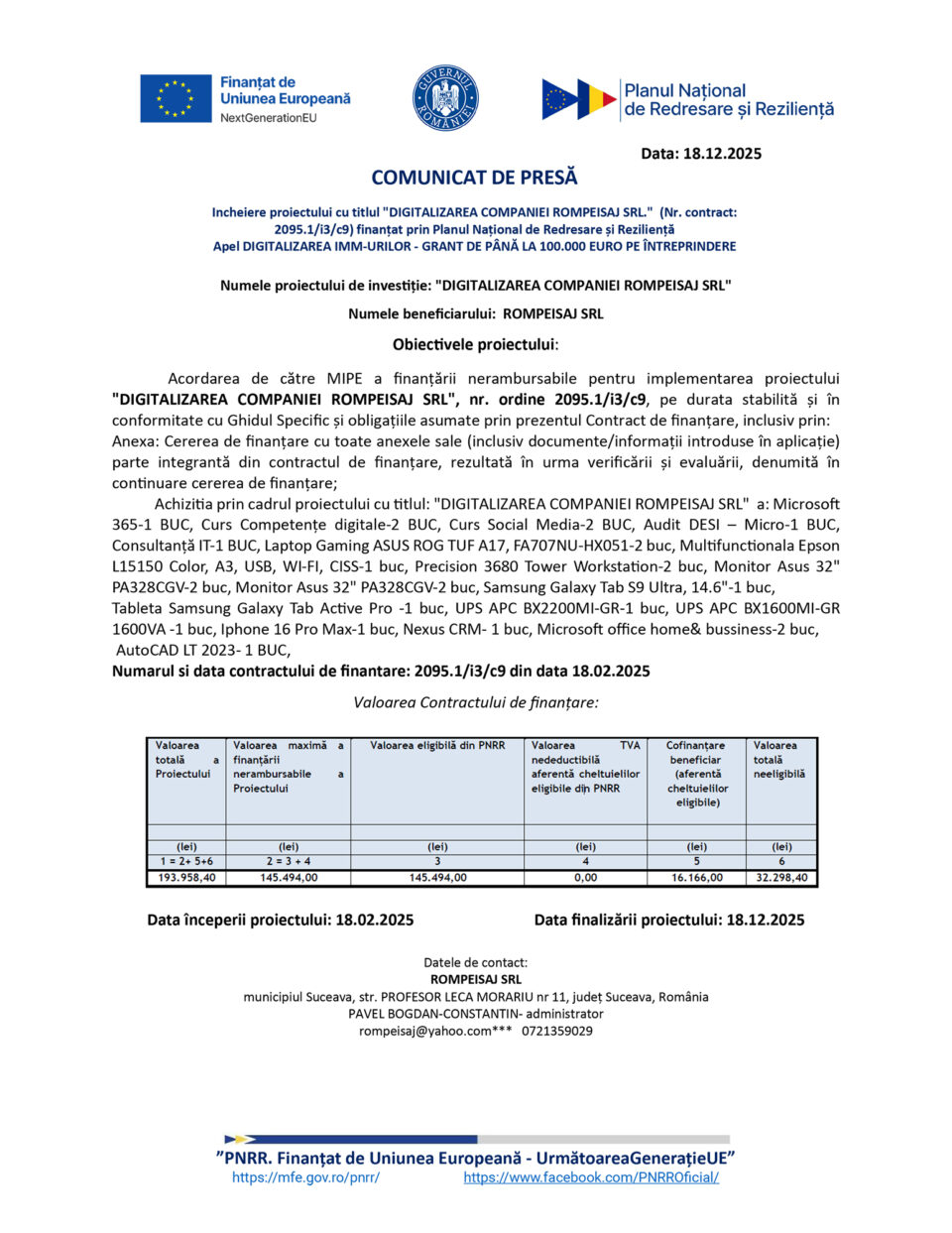 Incheiere proiectului cu titlul „DIGITALIZAREA COMPANIEI ROMPEISAJ SRL.”