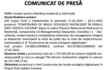 Finalizare proiect “CONSTRUIREA DE INSULE ECOLOGICE DIGITALIZATE ÎN ORAȘUL SIRET JUDEȚUL SUCEAVA”