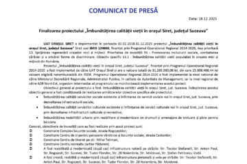 Finalizarea proiectului „Îmbunătățirea calității vieții în orașul Siret, județul Suceava” Finalizarea proiectului „Îmbunătățirea calității vieții în orașul Siret, județul Suceava”