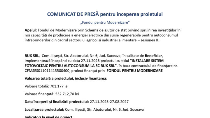 Inceperea proiectului INSTALARE SISTEM FOTOVOLTAIC PENTRU AUTOCONSUM LA SC RUX SRL”