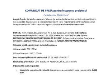 Inceperea proiectului INSTALARE SISTEM FOTOVOLTAIC PENTRU AUTOCONSUM LA SC RUX SRL”