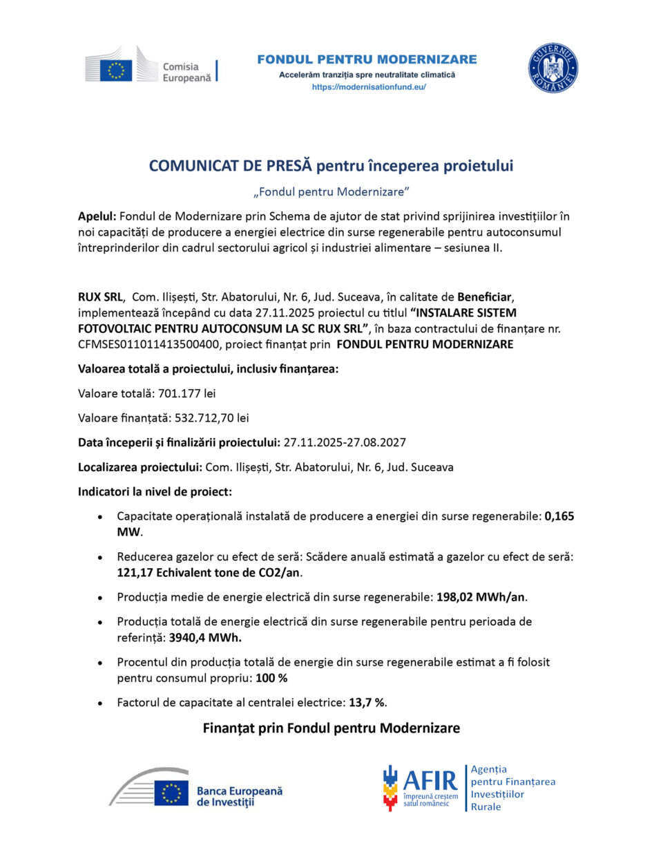 Inceperea proiectului INSTALARE SISTEM FOTOVOLTAIC PENTRU AUTOCONSUM LA SC RUX SRL”