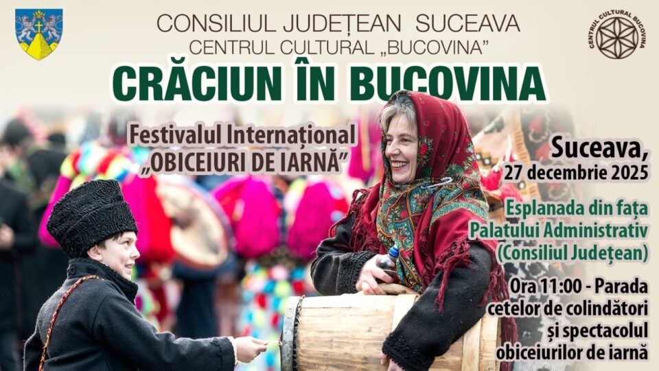 Peste 40 de cete de urători vor participa în a treia zi de Crăciun la Festivalul Internațional „Obiceiuri de iarnă” din centrul Sucevei