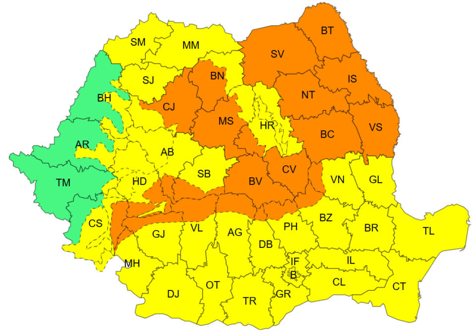 Cod portocaliu de vânt puternic și ninsori viscolite, cu reducerea semnificativă a vizibilității