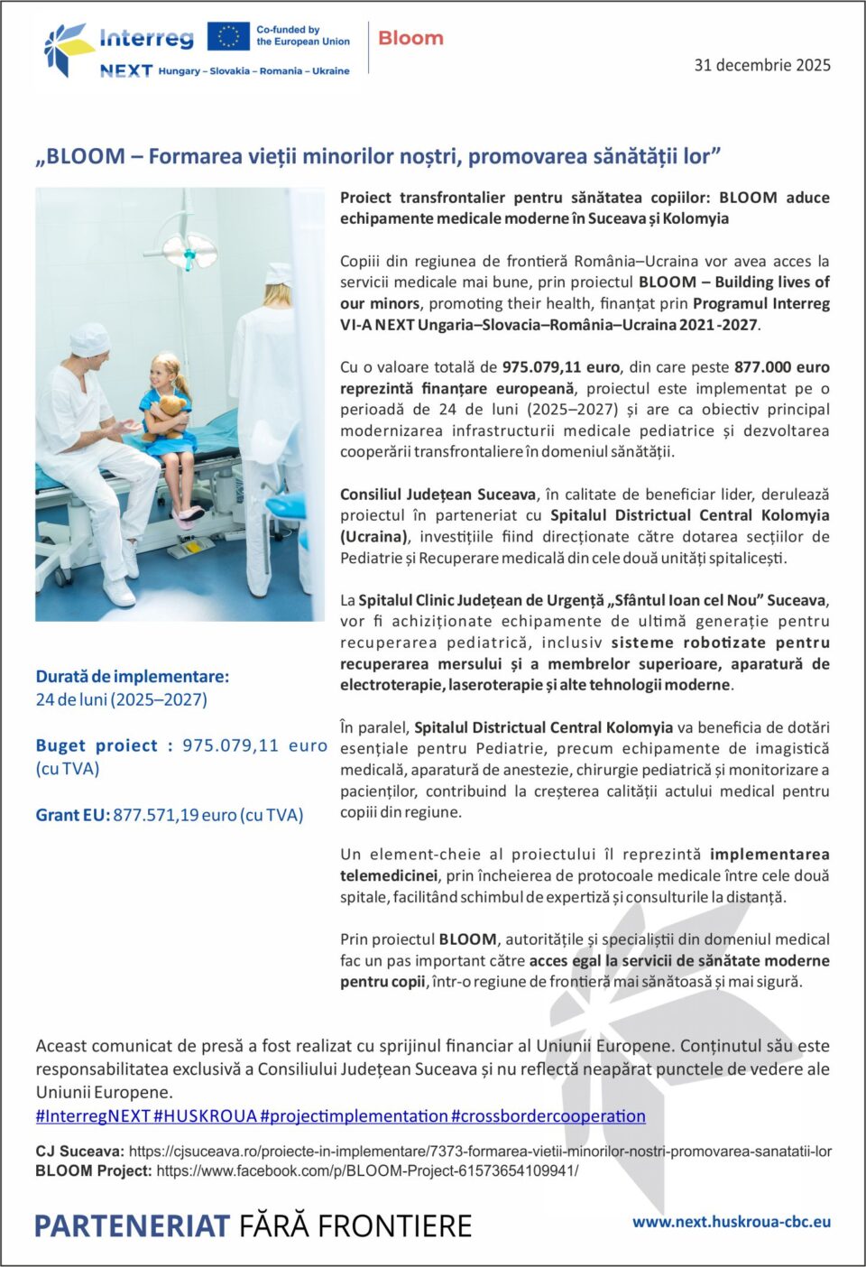 Proiect transfrontalier pentru sănătatea copiilor: BLOOM aduce echipamente medicale moderne în Suceava și Kolomyia