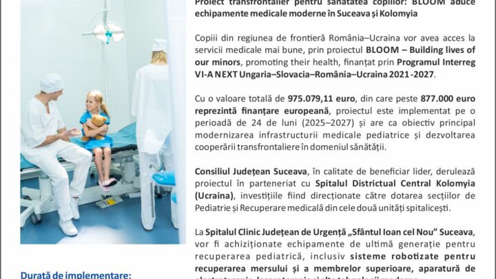 Proiect transfrontalier pentru sănătatea copiilor: BLOOM aduce echipamente medicale moderne în Suceava și Kolomyia
