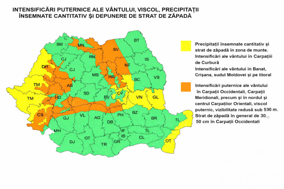 Coduri portocaliu și galben de zăpadă și viscol pentru jumătate din județul Suceava