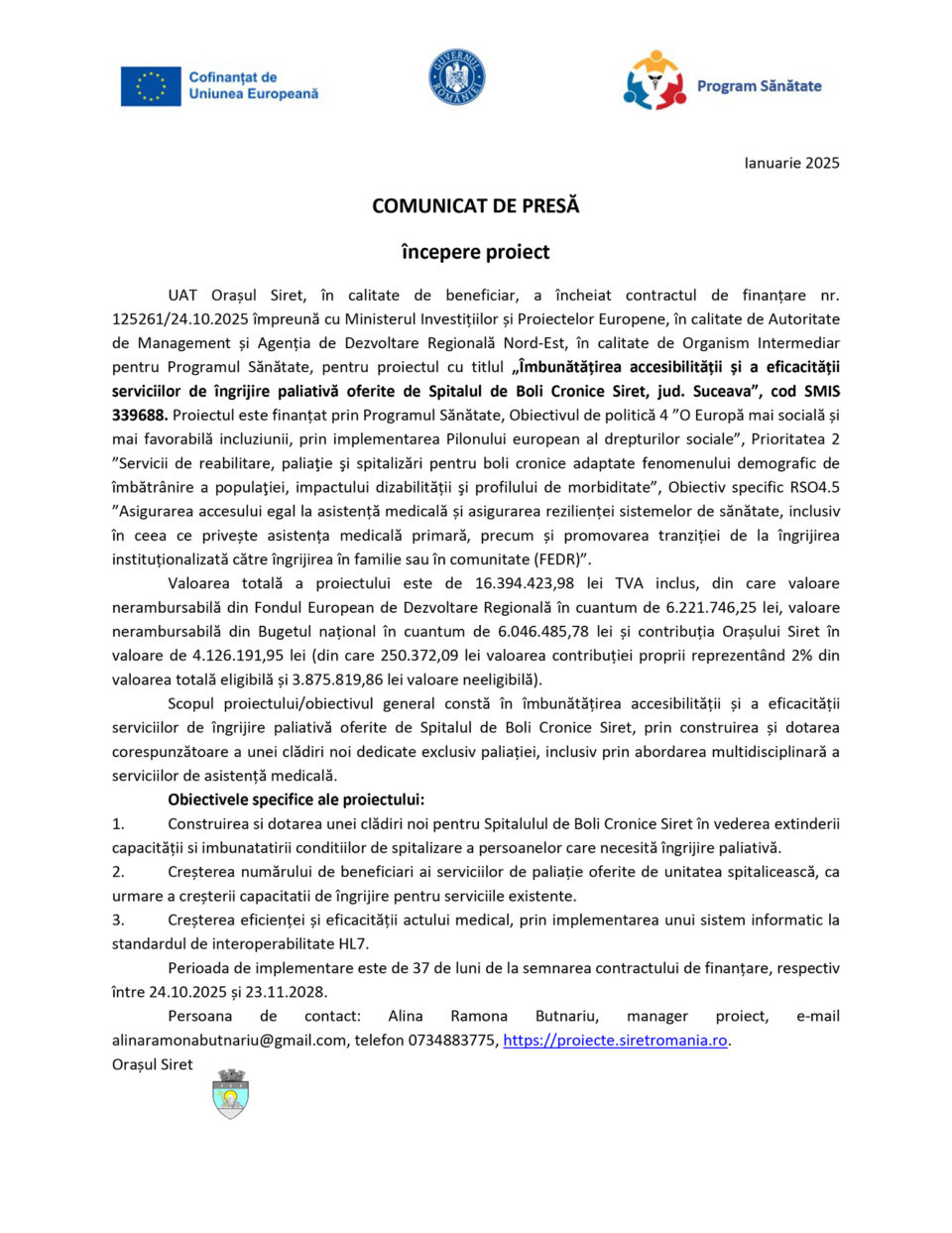 Îmbunătățirea accesibilității și a eficacității serviciilor de îngrijire paliativă oferite de Spitalul de Boli Cronice Siret