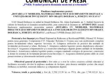 Finalizare implementare proiect: „DOTAREA CU MOBILIER, MATERIALE DIDACTICE ȘI ECHIPAMENTE DIGITALE A UNITĂȚILOR DE ÎNVĂȚĂMÂNT  DIN ORAȘUL DOLHASCA