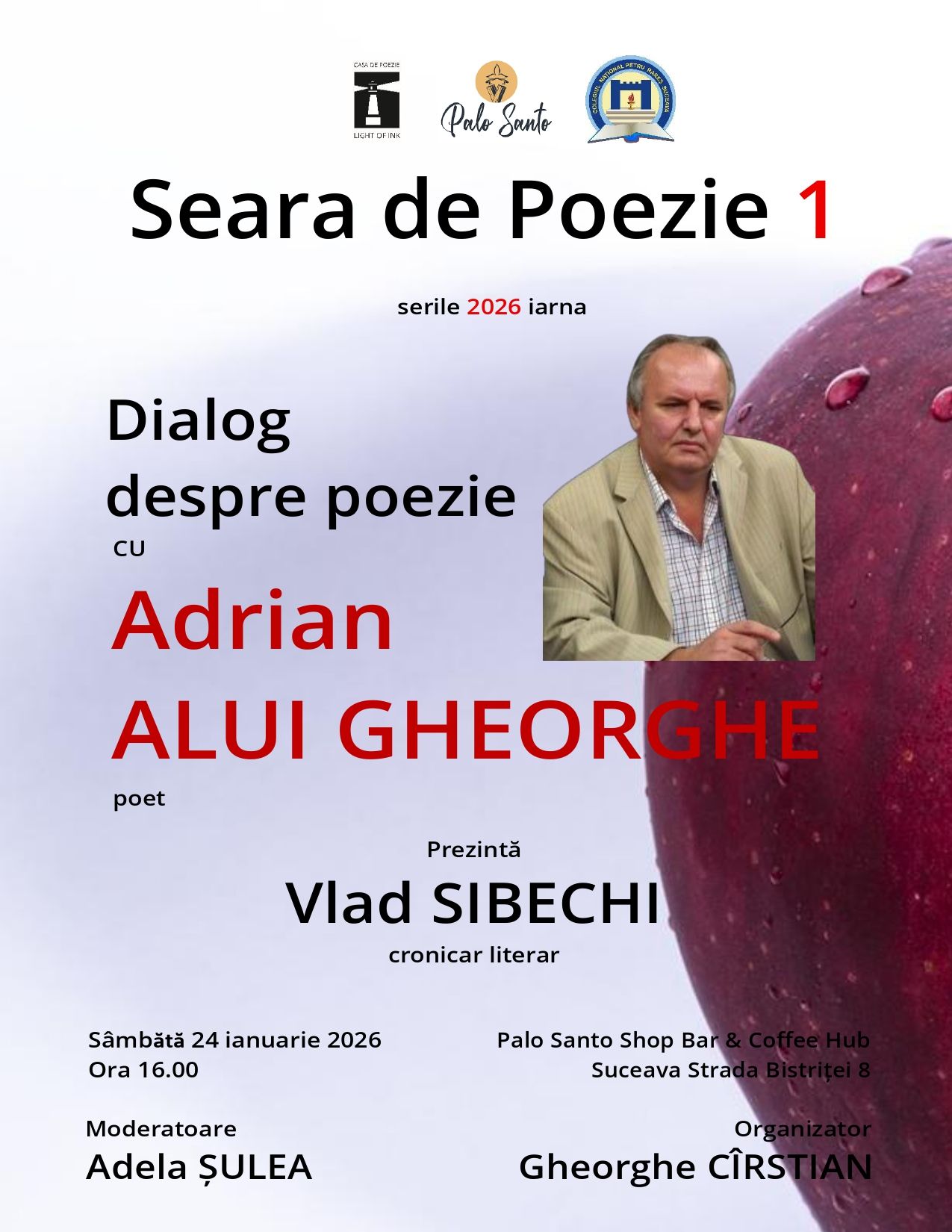 Dialog despre poezie cu poetul Adrian Alui Gheorghe, sâmbătă, acțiune organizată de Casa de Poezie Light of ink