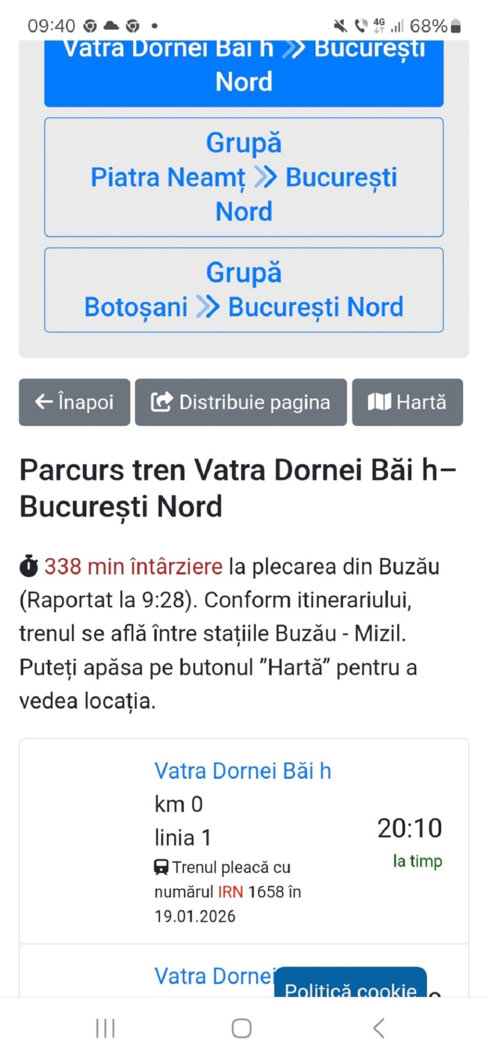Trenul Vatra Dornei – București: peste 300 de minute de întârziere