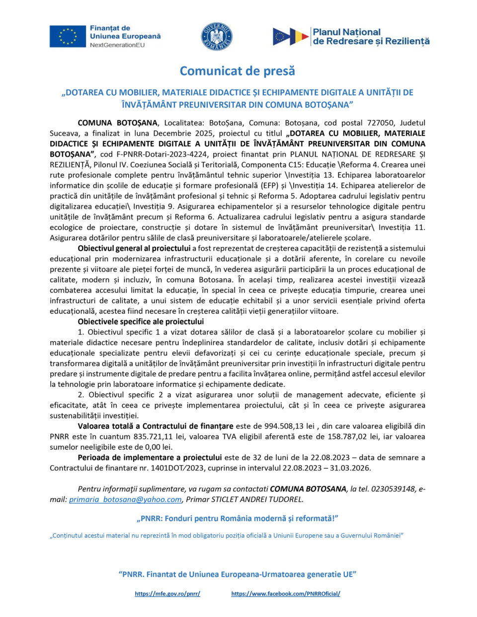 DOTAREA CU MOBILIER, MATERIALE DIDACTICE ȘI ECHIPAMENTE DIGITALE A UNITĂȚII DE ÎNVĂȚĂMÂNT PREUNIVERSITAR DIN COMUNA BOTOȘANA