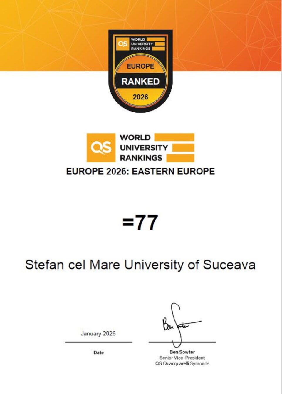 USV, o universitate de prestigiu conform clasamentului QS World University Rankings: Europe 2026