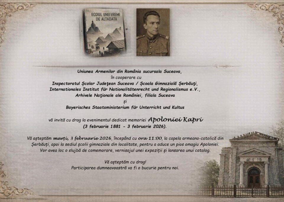 Uniunea Armenilor din România, Sucursala Suceava, organizează un eveniment cultural la Capela armeano-catolică Kapri din Șerbăuți