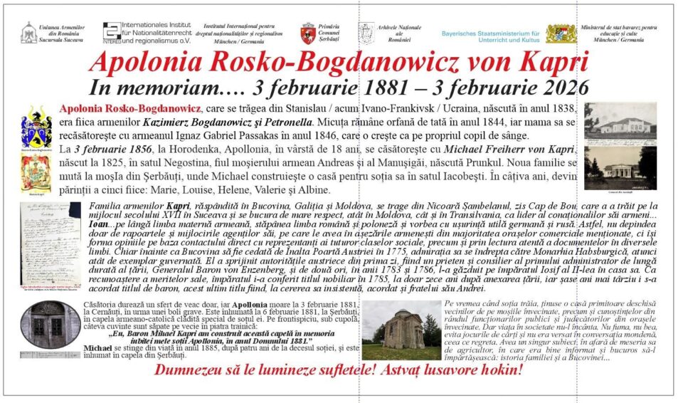 Uniunea Armenilor din România, Sucursala Suceava, organizează un eveniment cultural la Capela armeano-catolică Kapri din Șerbăuți