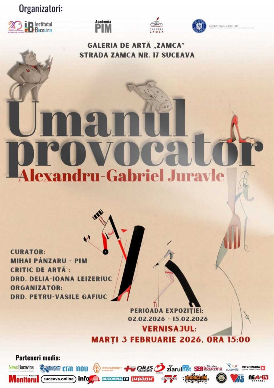 „Umanul provocator”, expoziție de artă semnată de Alexandru-Gabriel Juravle, la Galeria de artă Zamca