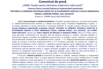 DOTAREA CU MOBILIER, MATERIALE DIDACTICE ȘI ECHIPAMENTE DIGITALE A ȘCOLII GIMNAZIALE PANACI, COMUNA PANACI, JUD. SUCEAVA