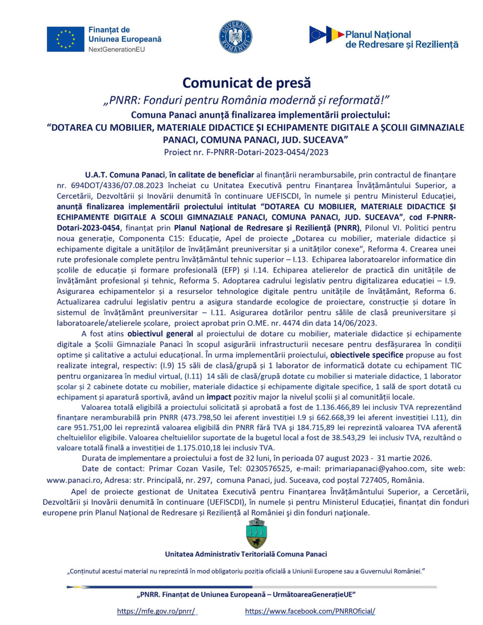 DOTAREA CU MOBILIER, MATERIALE DIDACTICE ȘI ECHIPAMENTE DIGITALE A ȘCOLII GIMNAZIALE PANACI, COMUNA PANACI, JUD. SUCEAVA