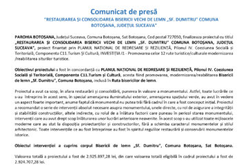 RESTAURAREA ȘI CONSOLIDAREA BISERICII VECHI DE LEMN „SF. DUMITRU” COMUNA BOTOȘANA, JUDEȚUL SUCEAVA