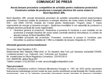 Anunț lansare procedura competitiva de achiziție pentru realizarea proiectului: Construire unitate de producere a energiei electrice din surse solare la Nord Spedition SRL Anunț lansare procedura competitiva de achiziție pentru realizarea proiectului: Construire unitate de producere a energiei electrice din surse solare la Nord Spedition SRL