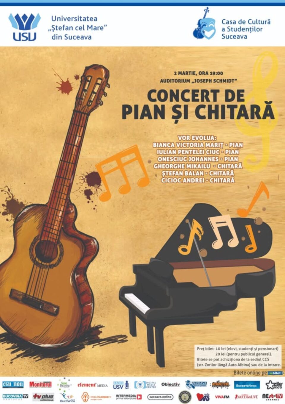Concert de pian și chitară, pe 2 martie, la Universitate