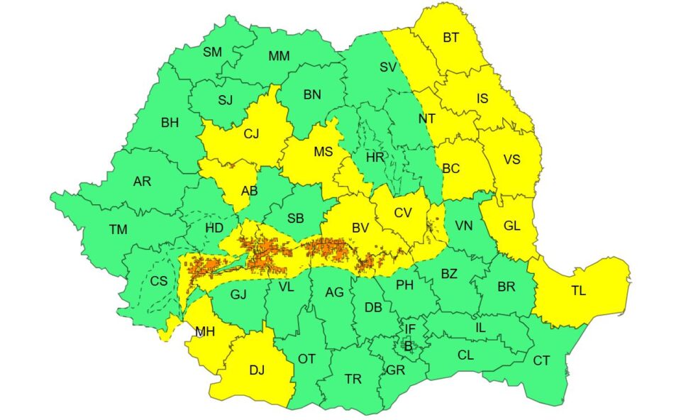 Atenționări de vreme rea – precipitații, polei, ghețuș și intensificări ale vântuluiMeteorologii ANM au emis marți mai multe atenționări de vreme rea, inclusiv de tip cod galben și portocaliu, valabile până joi dimineața. Fenomenele vizate: precipitații în general moderate cantitativ, strat de zăpadă și viscol la munte, polei și ghețuș, intensificări ale vântului. În intervalul menționat, vor fi precipitații, marți (24 februarie), în cea mai mare parte a țării, iar până în dimineața zilei de joi (26 februarie) îndeosebi în jumătatea de est. Vor predomina ploile (ce vor avea și caracter de aversă), dar în centru, în est, iar în noaptea de miercuri spre joi (25/26 februarie) și în sud-est, vor fi perioade cu lapoviță, măzăriche și ninsoare. Se vor acumula cantități de apă de 10…15 l/mp. În Carpații Meridionali și de Curbură, cantitățile de apă vor fi local de 15…30 l/mp, se va depune strat nou de zăpadă de 10…15 cm, iar la altitudini în general de peste 1700 m de 20…30 cm. Izolat se va forma polei și ghețuș. Cod galben de intensificări ale vântului Pentru jumătatea nord-estică a județului Suceava, codul galben de intensificări ale vântului este valabil în intervalul 25 februarie, ora 10:00 – 25 februarie, ora 20:00. În intervalul menționat vântul va prezenta intensificări în cea mai mare parte a Moldovei, local în Transilvania, în vestul și sud-vestul Olteniei și în nordul Dobrogei, cu viteze de 50…70 km/h. Atenționări de vreme rea – precipitații, polei, ghețuș și intensificări ale vântuluiMeteorologii ANM au emis marți mai multe atenționări de vreme rea, inclusiv de tip cod galben și portocaliu, valabile până joi dimineața. Fenomenele vizate: precipitații în general moderate cantitativ, strat de zăpadă și viscol la munte, polei și ghețuș, intensificări ale vântului. În intervalul menționat, vor fi precipitații, marți (24 februarie), în cea mai mare parte a țării, iar până în dimineața zilei de joi (26 februarie) îndeosebi în jumătatea de est. Vor predomina ploile (ce vor avea și caracter de aversă), dar în centru, în est, iar în noaptea de miercuri spre joi (25/26 februarie) și în sud-est, vor fi perioade cu lapoviță, măzăriche și ninsoare. Se vor acumula cantități de apă de 10…15 l/mp. În Carpații Meridionali și de Curbură, cantitățile de apă vor fi local de 15…30 l/mp, se va depune strat nou de zăpadă de 10…15 cm, iar la altitudini în general de peste 1700 m de 20…30 cm. Izolat se va forma polei și ghețuș. Cod galben de intensificări ale vântului Pentru jumătatea nord-estică a județului Suceava, codul galben de intensificări ale vântului este valabil în intervalul 25 februarie, ora 10:00 – 25 februarie, ora 20:00. În intervalul menționat vântul va prezenta intensificări în cea mai mare parte a Moldovei, local în Transilvania, în vestul și sud-vestul Olteniei și în nordul Dobrogei, cu viteze de 50…70 km/h.