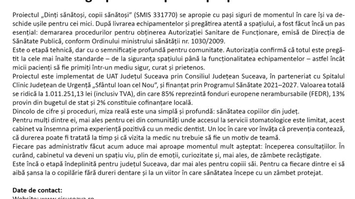 Încă un pas spre zâmbete fără teamă: cabinetul stomatologic pentru copii se apropie de deschidere