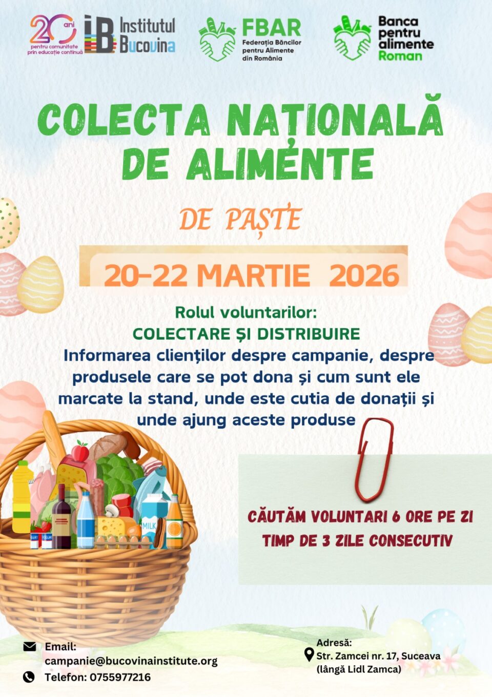 Asociația Institutul Bucovina caută voluntari pentru Colecta Națională de Alimente, ediția de Paște
