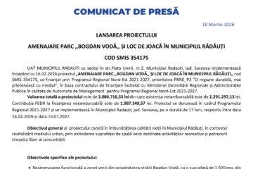 LANSAREA PROIECTULUI AMENAJARE PARC ,,BOGDAN VODĂ,, ȘI LOC DE JOACĂ ÎN MUNICIPIUL RĂDĂUȚI