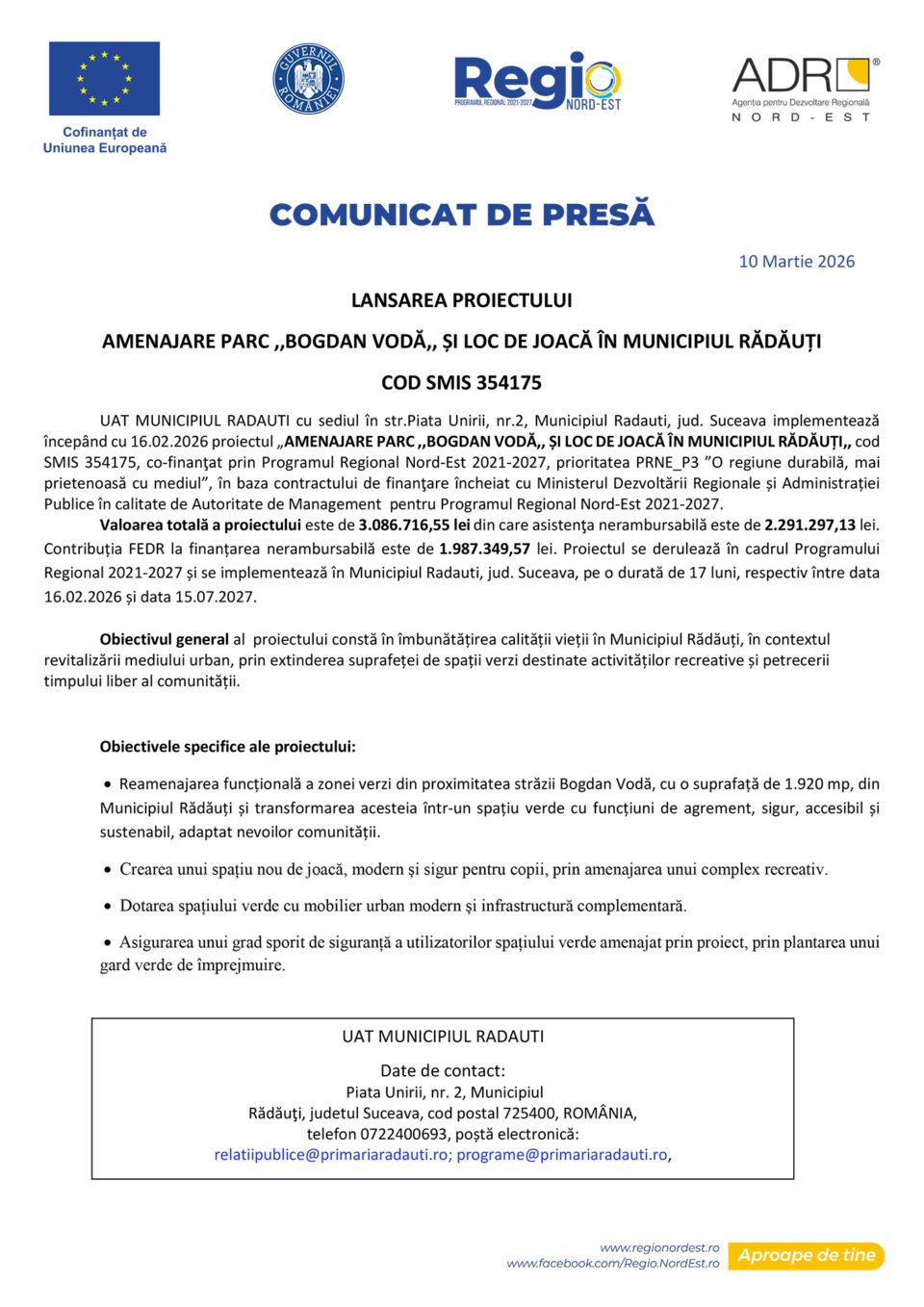 LANSAREA PROIECTULUI AMENAJARE PARC ,,BOGDAN VODĂ,, ȘI LOC DE JOACĂ ÎN MUNICIPIUL RĂDĂUȚI