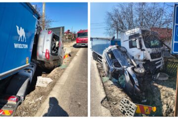 O femeie însărcinată și socrul ei de 77 de ani, duși la spital după ce mașina cu care circulau a fost lovită de un tir