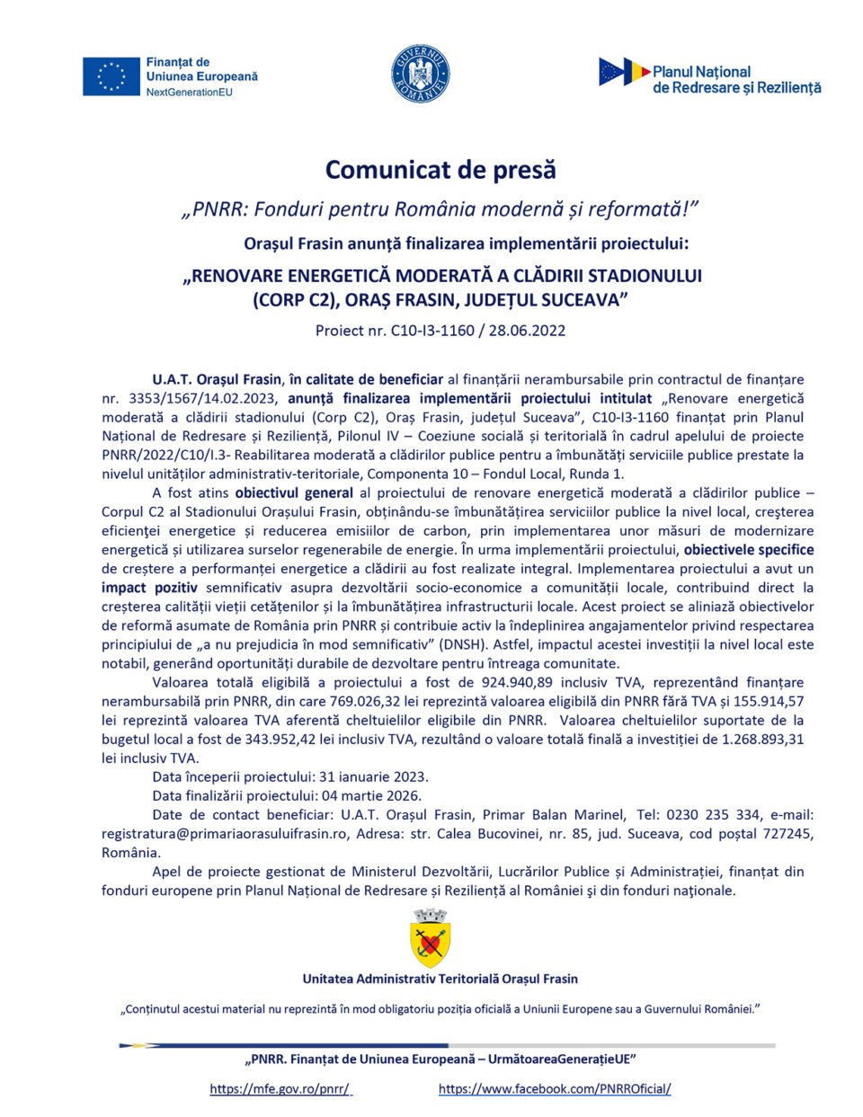 Orașul Frasin anunță finalizarea implementării proiectului:  „RENOVARE ENERGETICĂ MODERATĂ A CLĂDIRII STADIONULUI (CORP C2), ORAȘ FRASIN, JUDEȚUL SUCEAVA”