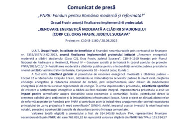 Orașul Frasin anunță finalizarea implementării proiectului:  „RENOVARE ENERGETICĂ MODERATĂ A CLĂDIRII STADIONULUI (CORP C2), ORAȘ FRASIN, JUDEȚUL SUCEAVA”