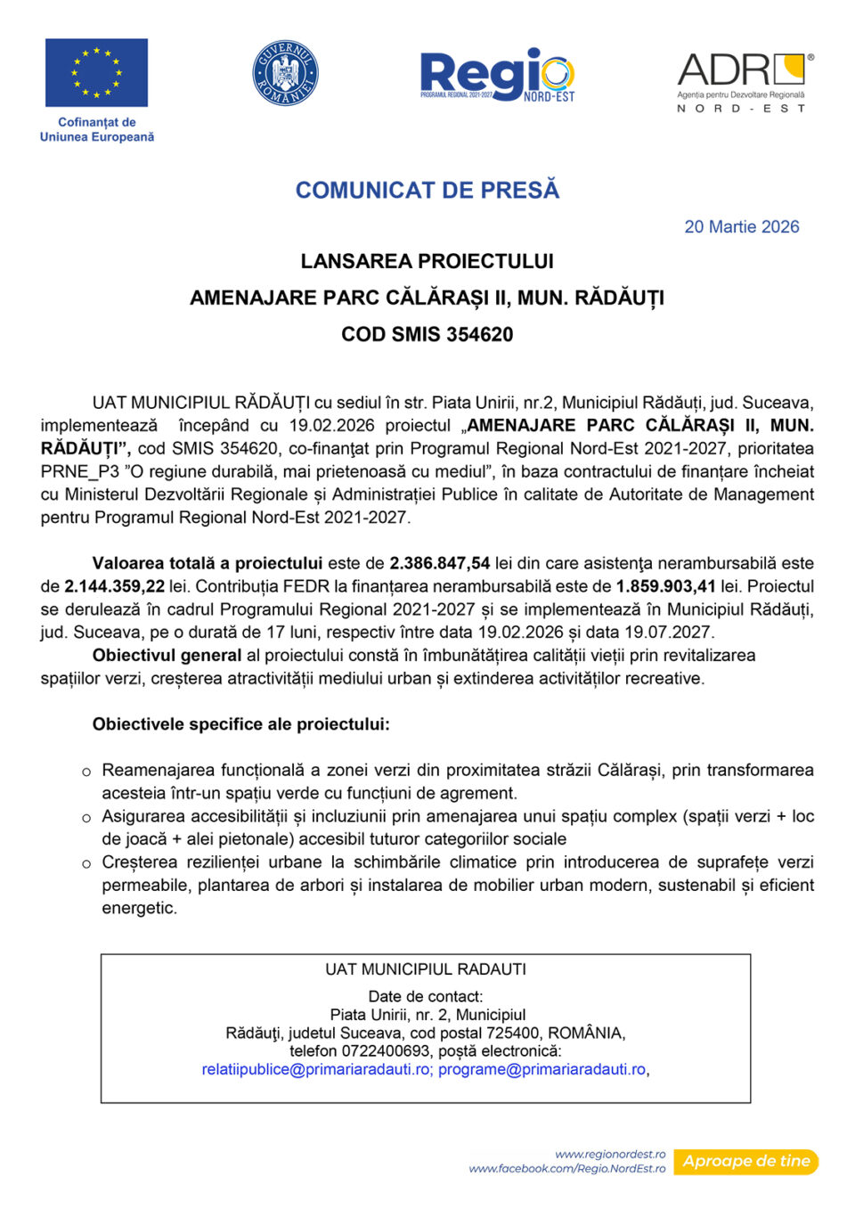 LANSAREA PROIECTULUI AMENAJARE PARC CĂLĂRAȘI II, MUN. RĂDĂUȚI