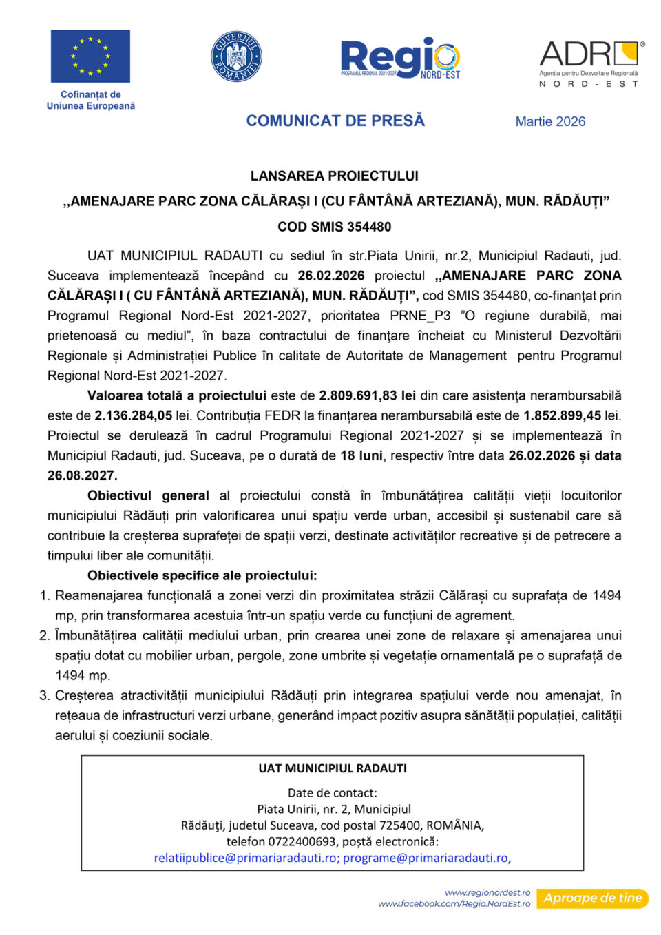 LANSAREA PROIECTULUI  ,,AMENAJARE PARC ZONA CĂLĂRAȘI I (CU FÂNTÂNĂ ARTEZIANĂ), MUN. RĂDĂUȚI”