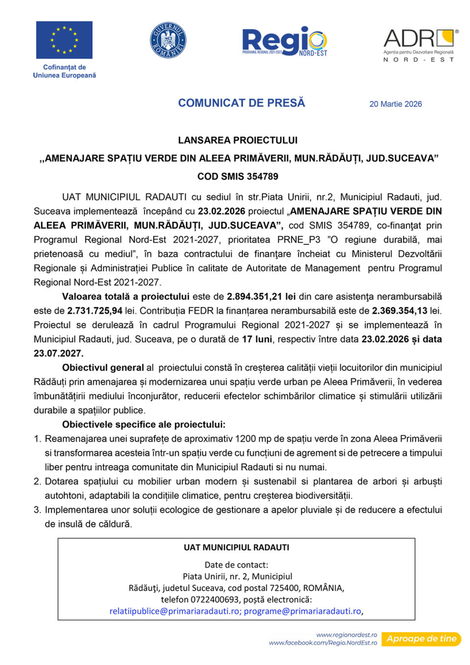 LANSAREA PROIECTULUI  ,,AMENAJARE SPAȚIU VERDE DIN ALEEA PRIMĂVERII, MUN.RĂDĂUȚI, JUD.SUCEAVA”